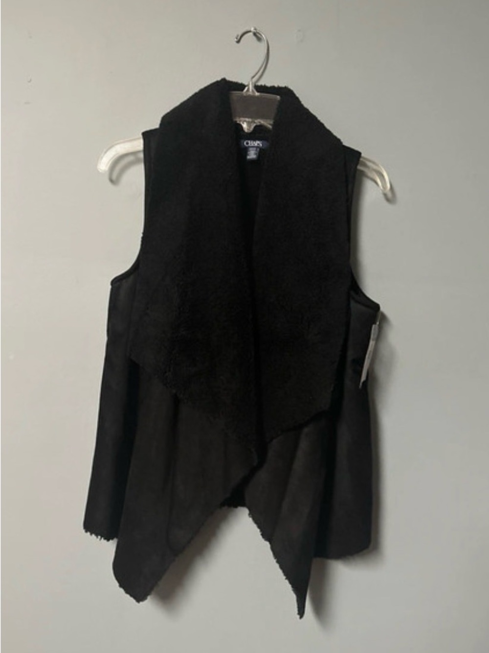 Chaps Black Faux-Shearling Draped Open Vest